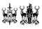 Black and white vector royal heraldry with rose flowers, shield, sword, crown and pair of deer stags