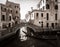 Black and white Venice. Bridges and canals. Gondoliers. Italy