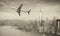 Black and white view of airplane over New York City. Tourism con