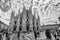 Black and white view of the facade of the Duomo in Milan, Italy