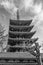 Black and white view of the five-story pagoda of the Senso-ji Temple in Tokyo, Japan