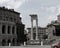 Black and white view on ruins of Theatre of Marcellus and Temple of Apollo Sosiano in Rome