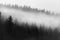 Black and white view to foggy mountains and hills