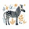 Black and white zebra surrounded by leaves and flowers on white background