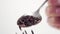 Black wild berry jasmine rice in spoon. Falling dry uncooked grains in slow motion