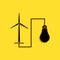 Black Wind mill turbine generating power energy and bulb icon isolated on yellow background. Natural renewable energy