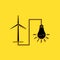 Black Wind mill turbine generating power energy and light bulb icon isolated on yellow background. Natural renewable