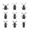 Black windmill silhouette icon set - flat wind mill buildings collection