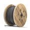 Black wire electric cable on wooden coil or spool isolated on white background