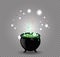 Black witch cauldron with green sparkling potion and bubbles isolated