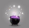 Black witch cauldron with pink potion, sparkles and bubbles isolated