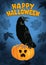 Black Witch Crow sitting on Halloween pumpkin.