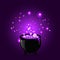 Black witch pot cauldron with boiling potion, glowing sparkles and bubbles on purple background.