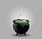 Black witch steaming pot cauldron with green boiling potion eyeballs isolated.