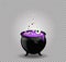 Black witch steaming pot cauldron with purple boiling potion eyeballs isolated.