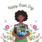 Black woman afro african holding and hugging earth globe planet with flower bloom background for happy earth or environmental day