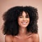 Black woman, afro hair or portrait smile on studio background in empowerment pride, curly texture or skincare glow