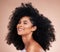 Black woman, afro hair or skincare glow on studio background in empowerment pride, curly texture or healthy growth
