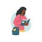 Black woman with afro hair and wearing a pink sweater read book. Black female student reader. Flat vector illustration.