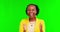 Black woman, applause and happy with success in studio with joy in green screen for teacher. Laughing face, clapping