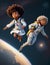 Black woman astronaut in technical garment floating in the space illustration character