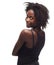 Black woman, back and smile for happy profile beauty against a white studio background. Portrait of a beautiful isolated