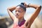 Black woman, break and breathing outdoor for fitness, healthy target and body fatigue. Female athlete, breathe and