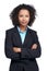 Black woman, business studio portrait and arms crossed, vision and suit by white background. Corporate leader woman