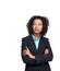 Black woman, business and vision with suit, thinking and studio with white background for idea. Corporate leader, woman