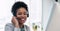 Black woman, call center and smile by computer for telemarketing, customer service or support at the office. Portrait of