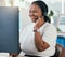 Black woman, computer sales and call center support, customer service and consulting advice, talking and loan helping in