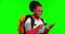 Black woman, credit card and smartphone with travel and green screen, discount on payment for journey and fintech