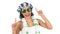 Black woman is dancing. Brazilian teenager is dressed for Carnival. Crown and necklace of flowers. Sunglasses. Mardi Gras Concept