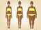 Black woman in a different forms. Set of flat style illustrations. Pretty african girl in yellow underwear with excess weight, in