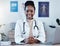 Black woman, doctor in portrait and healthcare, smile in office and laptop, medical professional and happy in career