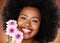 Black woman, face or afro hair with daisy flowers on studio background for gentle skincare, vibrant glow or organic