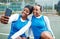 Black woman friends, selfie together and sport with netball team, smile or photography for social media. Gen z girl