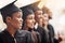 Black woman, graduation and happy college student with a graduate group outdoor. Profile of men and women excited to