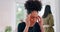 Black woman, headache and pain with professional burnout, stress and frustrated with migraine, deadline problem and