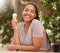 Black woman with ice cream, happy with dessert outdoor and travel with freedom, snack and smile while on holiday
