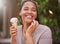Black woman with ice cream, smile with dessert outdoor and travel with freedom, snack and happy while on holiday