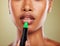 Black woman, lipstick and mouth makeup, cosmetics and zoom in of lips, skincare and beauty in studio background