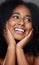 Black woman, makeup and beauty in closeup, face and smile with hands, cosmetic and happiness. Model, happy and skincare