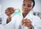 Black woman, medical science and plant test in research laboratory, analytics and medicine. Woman, doctor or scientist