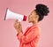 Black woman, megaphone or announcement in studio on pink background for freedom of speech, noise and breaking news