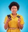 Black woman, phone and credit card with shock, portrait and wow face in studio by blue background. Surprise girl
