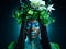 Black woman, plant crown and beauty of face with makeup on dark background with tropical leafs. Fairy model person or