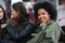 Black woman, portrait and friends outdoor with communication on a urban bench. Happiness, women group and conversation