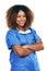 Black woman, portrait and nurse with arms crossed in studio isolated on white background. Medic, healthcare or confident