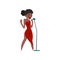 Black woman in red evening dress singing with microphone, beautiful African American female singer vector Illustration